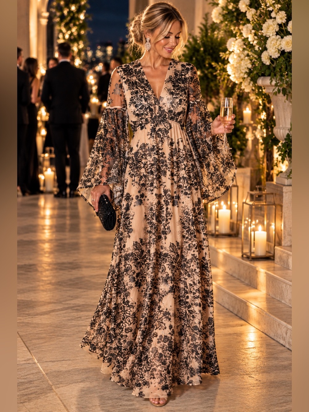 NWT Buddy Love Floral Lace Overlay Maxi Dress in Nude and Black size small video